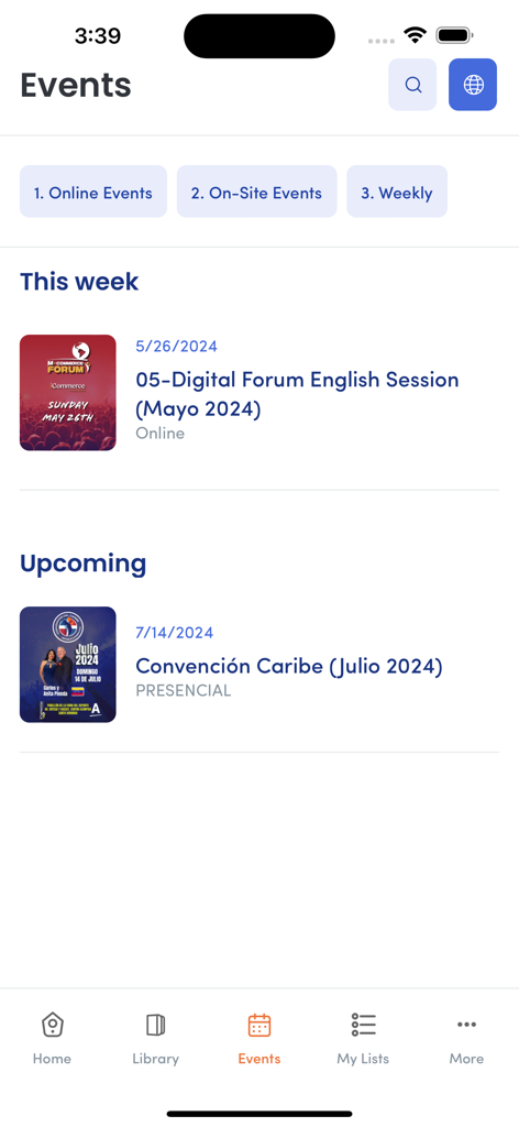 Tela de eventos no aplicativo iCommerce Connect exibindo uma programação de fóruns de negócios online e convenções presenciais