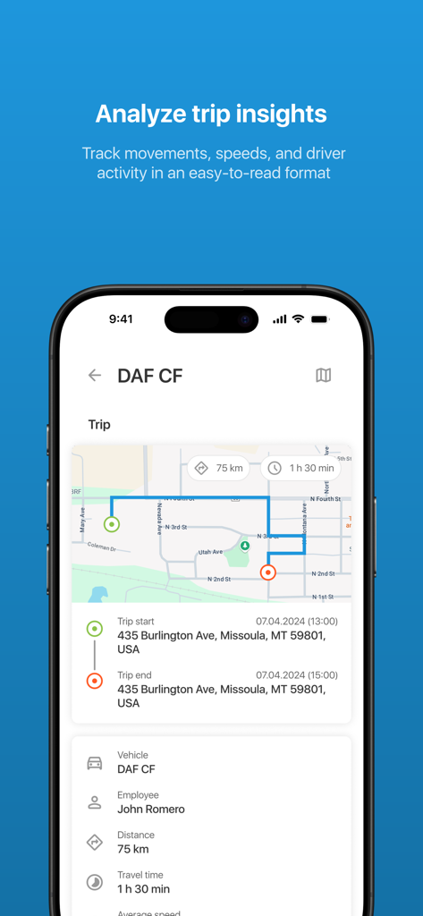 X-GPS Mobile - Captura de pantalla de la aplicación X-GPS Mobile que muestra el historial de viajes con un mapa de ruta y información de seguimiento de la flota.