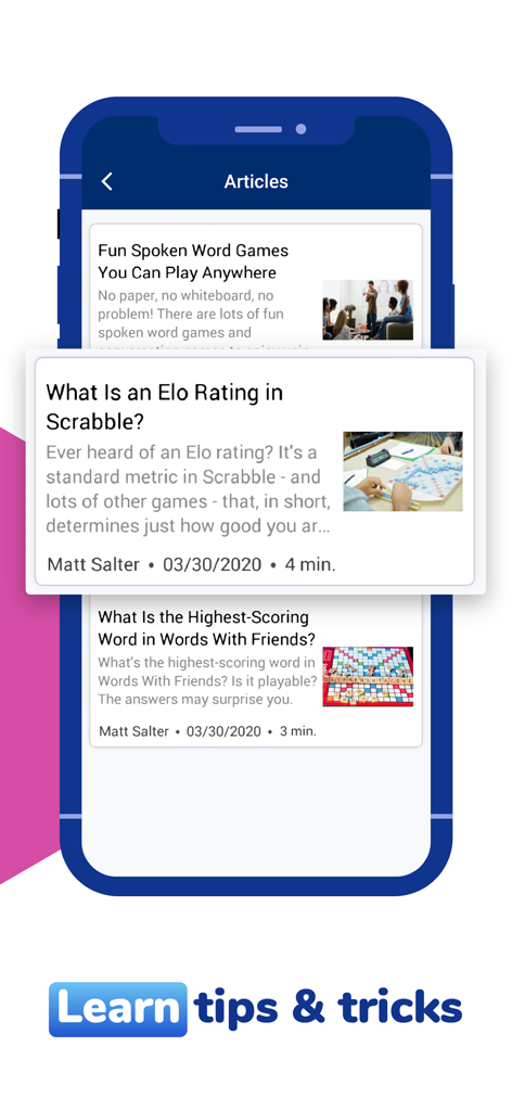 Mobile screen showing educational articles about word games and tips in the WordFinder app
