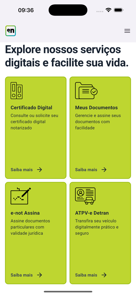 A menu of digital notary services in the e-notariado app including digital certificate and document management options