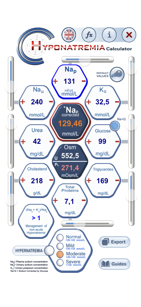 Hyponatremia Calculator - Interface of the Hyponatremia Calculator app displaying medical values and sodium correction calculations