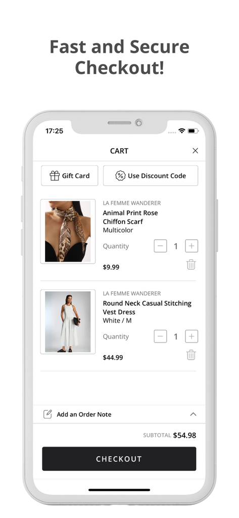 La Femme Wanderer - Shopping cart and secure checkout screen in the La Femme Wanderer app showing a dress and scarf