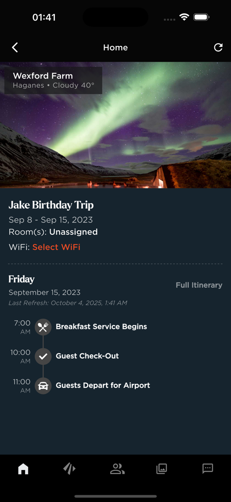 Eleven Experience - Eleven Experience mobile app home screen showing a personalized trip itinerary and a photo of the Northern Lights at Wexford Farm.