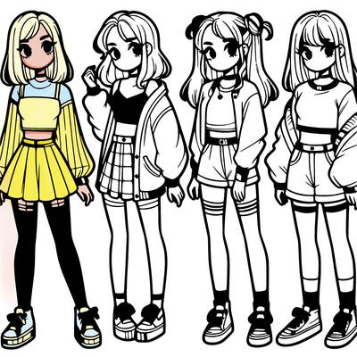 one girl with crop-top shirt and a jacket with a skirt, long socks and another girl with a shirt and pants with a jacket