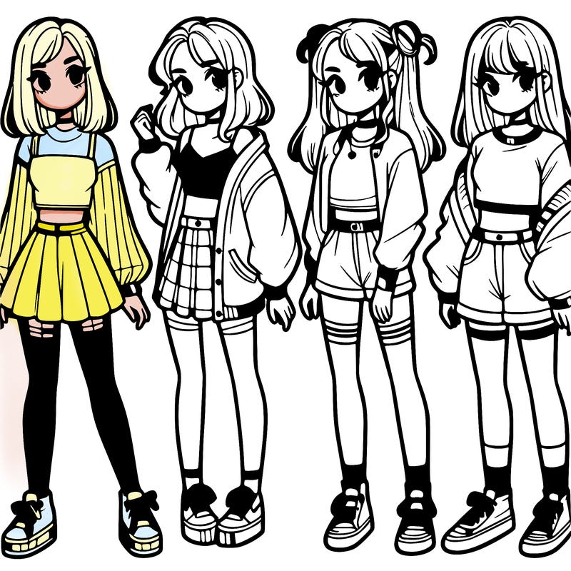 one girl with crop-top shirt and a jacket with a skirt, long socks and another girl with a shirt and pants with a jacket