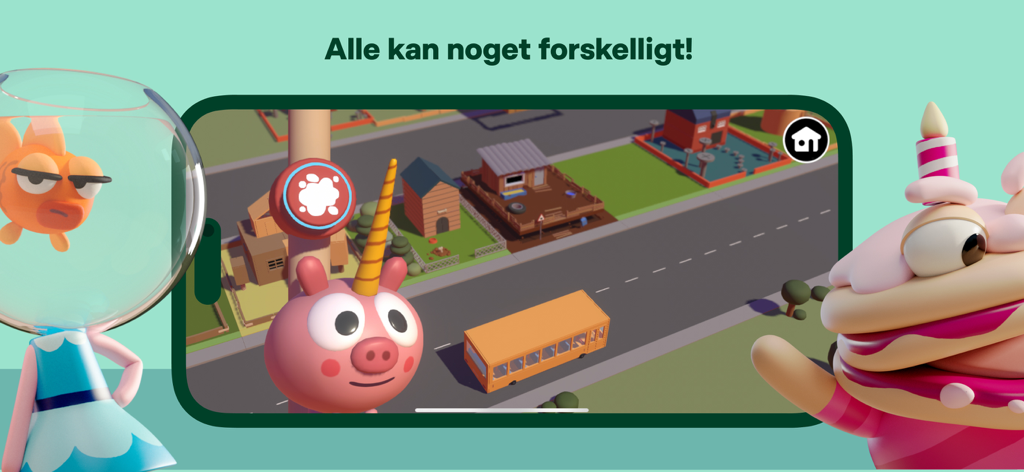 Quirky 3D animated characters and an orange school bus in a colorful town from the DR Ramasjang Karla app