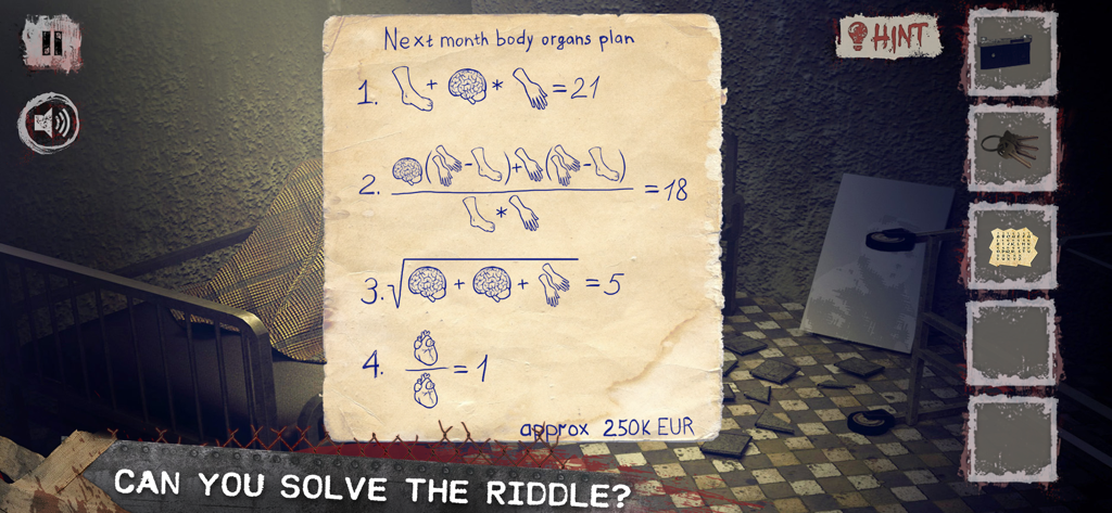 Horror themed math puzzle featuring human organs in a mental asylum setting