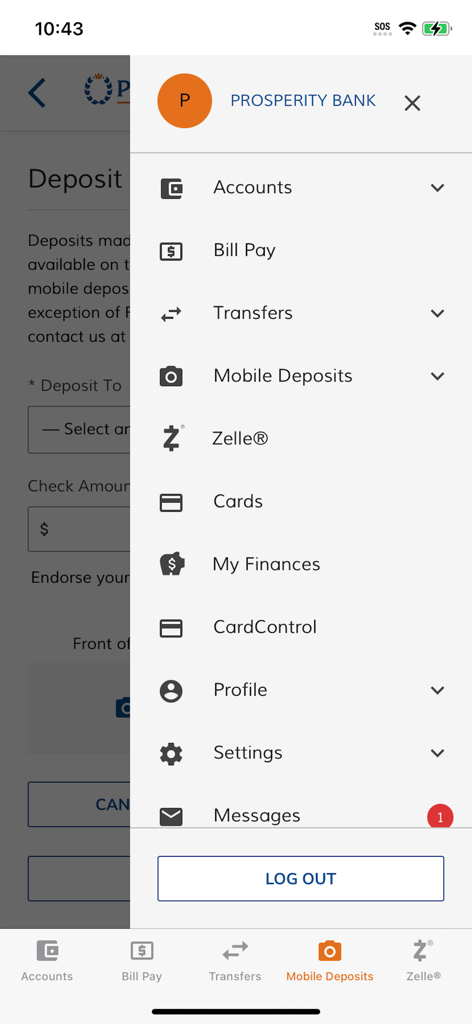 Prosperity Mobile Banking - Main menu of the Prosperity Mobile Banking app showing options for Accounts, Bill Pay, Transfers, and Mobile Deposits.
