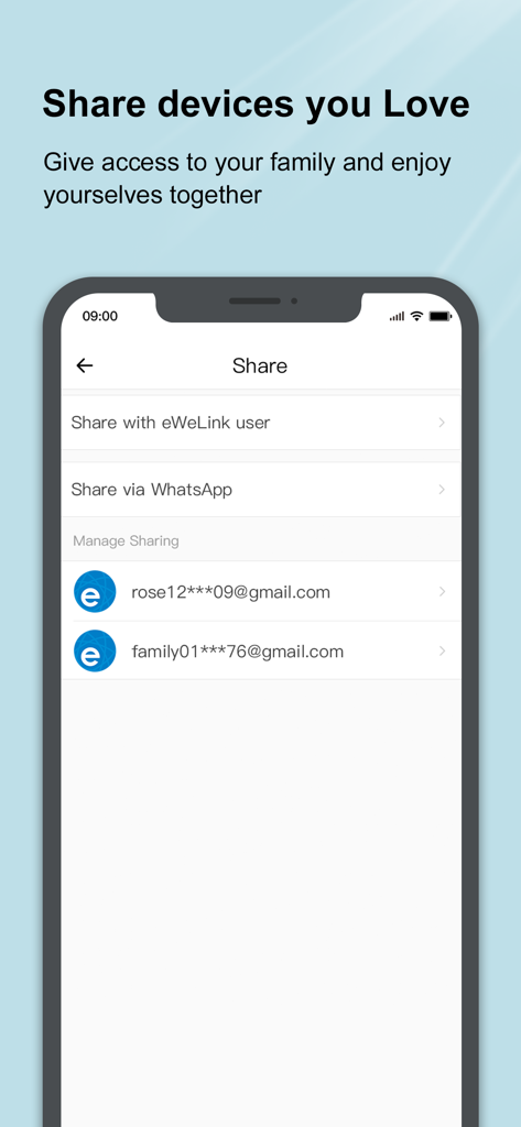 eWeLink - eWeLink app screen for sharing smart devices with family members