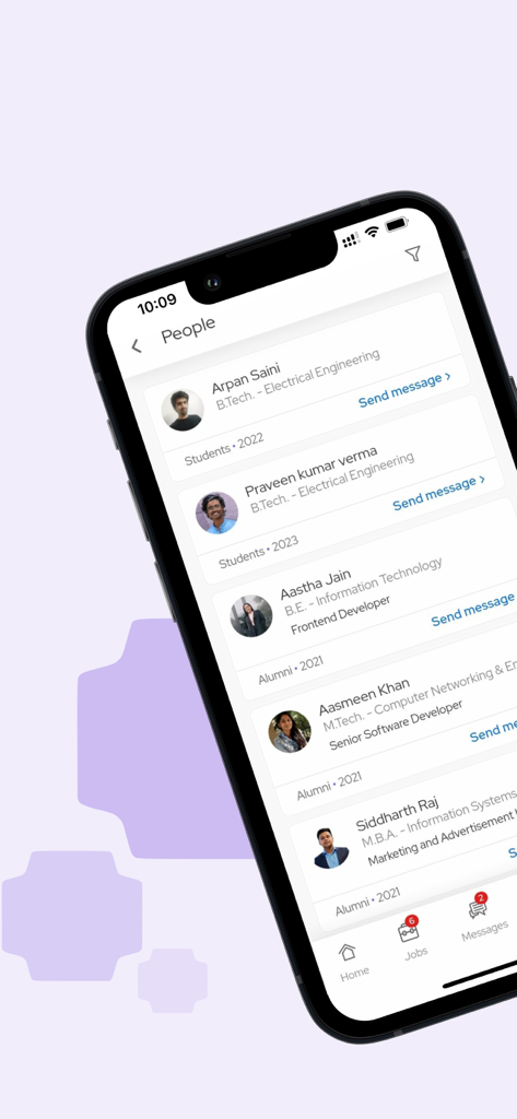 pod.ai - Smartphone screen showing a directory of student and alumni profiles on pod.ai app