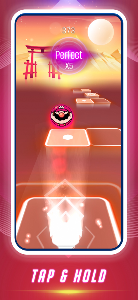 Dance Tiles: Music Ball Games - Gameplay of Dance Tiles featuring a ball jumping on musical tiles with a sunset desert background and tap and hold instruction