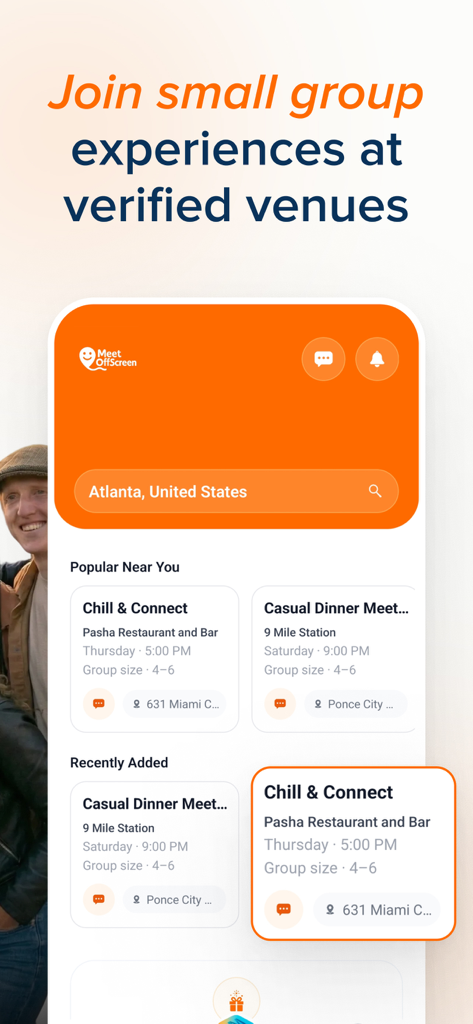 Meet OffScreen: IRL Friends - Meet OffScreen app interface showing small group events and restaurant meetups in Atlanta
