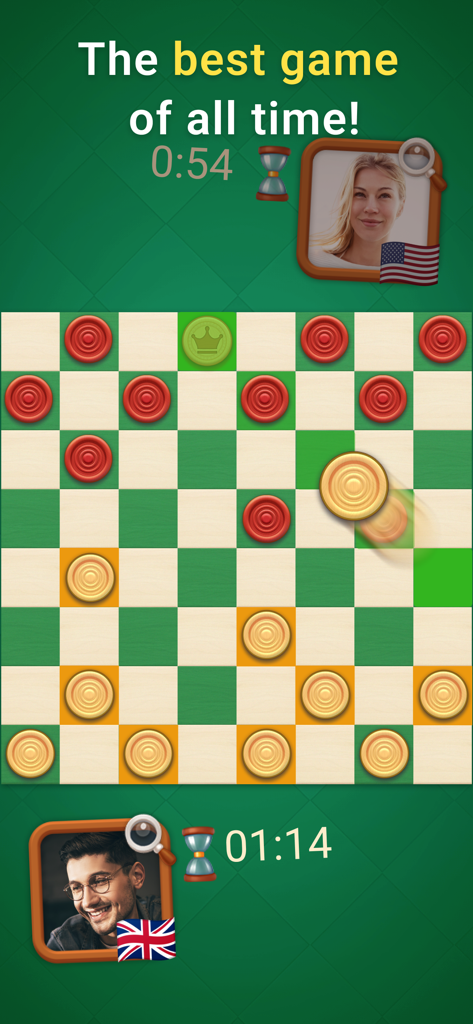 A gameplay screenshot of Checkers Clash of Kings showing an online multiplayer match between two players on a green and white board