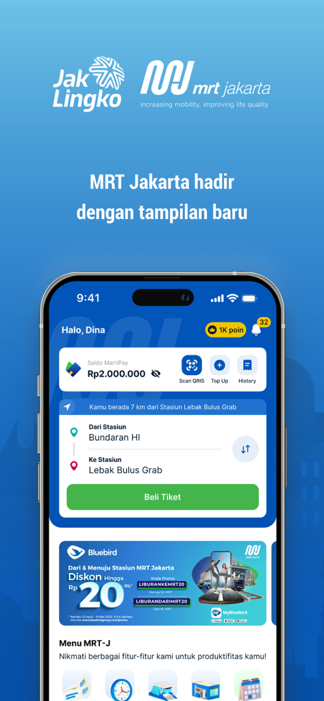 MyMRTJ mobile app home screen showing ticket booking options, MartiPay balance, and transit route selection from Bundaran HI to Lebak Bulus Grab.