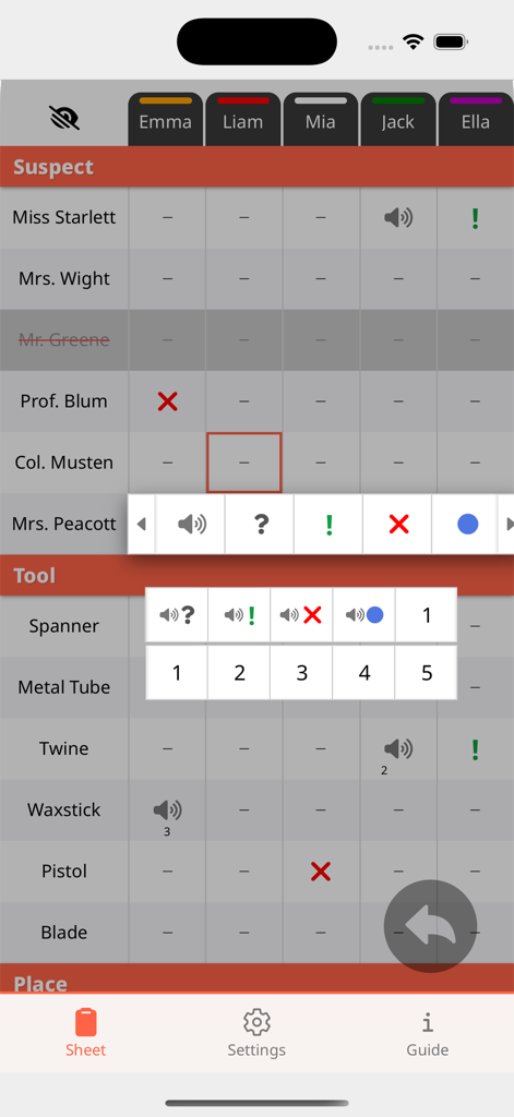 Digital deduction sheet in Detective Notes app showing suspects and tools for a board game
