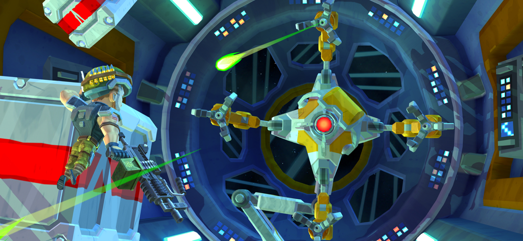 Major Mayhem 2: Action Hero - Major Mayhem character holding a machine gun and fighting a robotic boss in a space station