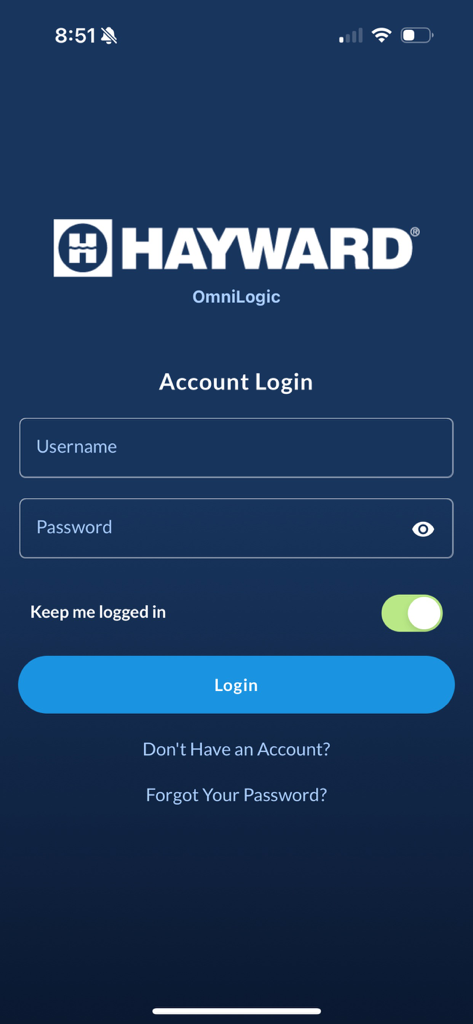 OmniLogic - OmniLogic by Hayward mobile app login screen with username and password fields