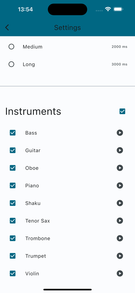 Pitch Ninja - Pitch Ninja app settings screen showing instrument selection and timing options