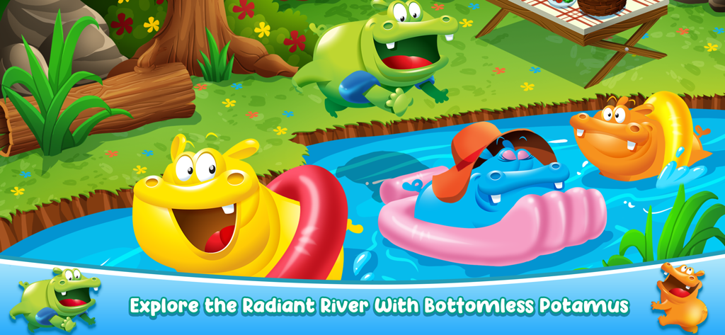 Colorful hippos playing in a river with inner tubes from the Hungry Hungry Hippos app