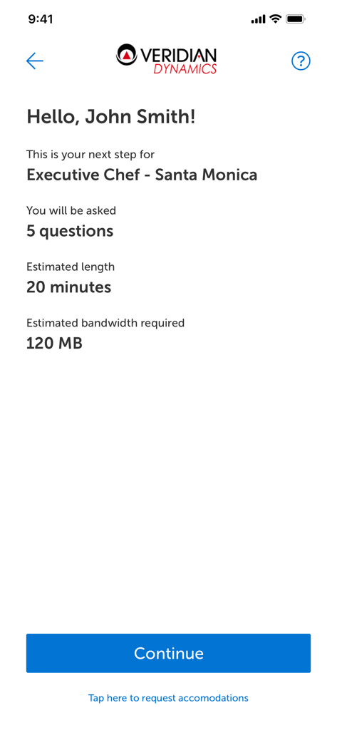 La pantalla de la aplicación HireVue muestra los detalles de la entrevista para el puesto de Chef Ejecutivo, incluida la duración y el número de preguntas