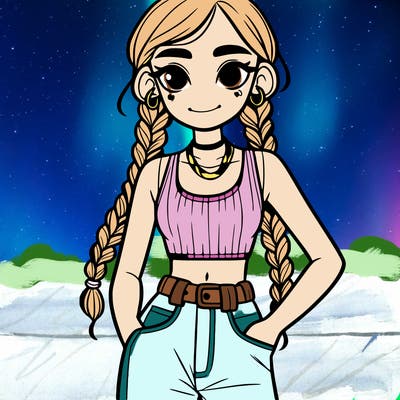 a girl that’s pretty with pigtail braids, baggy jeans, and a crop top