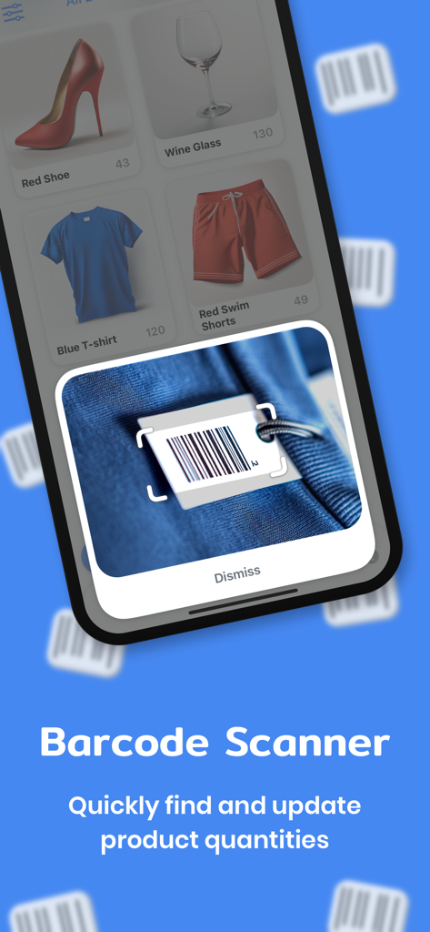 Stock Control app interface demonstrating the integrated barcode scanner for inventory management