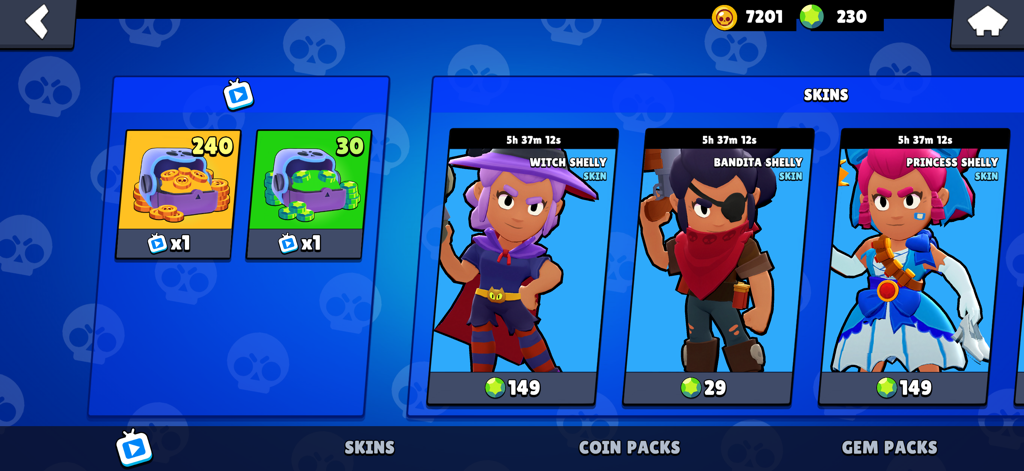 Box Simulator Brawl Stars - Interface de la boutique en jeu montrant les skins du brawler Shelly et les offres de devises dans Box Simulator Brawl Stars.