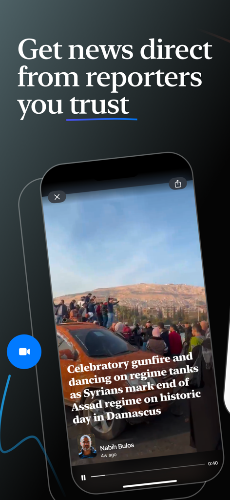 Noosphere: Journalism Direct - Smartphone screen showing a video report from a journalist in the field with the text Get news direct from reporters you trust