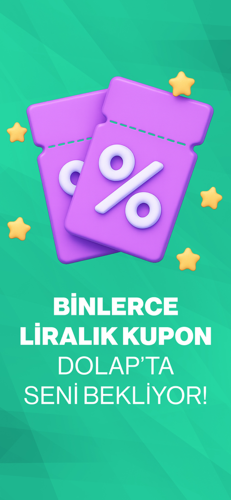 A promotional screen for the Dolap second hand shopping app featuring purple discount coupons and stars on a green background.
