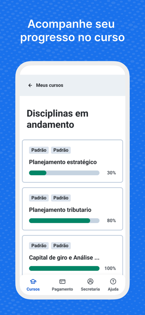 Tela móvel mostrando o progresso do curso acadêmico com barras de porcentagem para várias disciplinas no app .edu.
