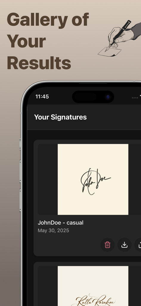 AI Signature Maker: Generator! - Uma visualização em galeria de assinaturas digitais geradas por IA salvas dentro do aplicativo móvel.