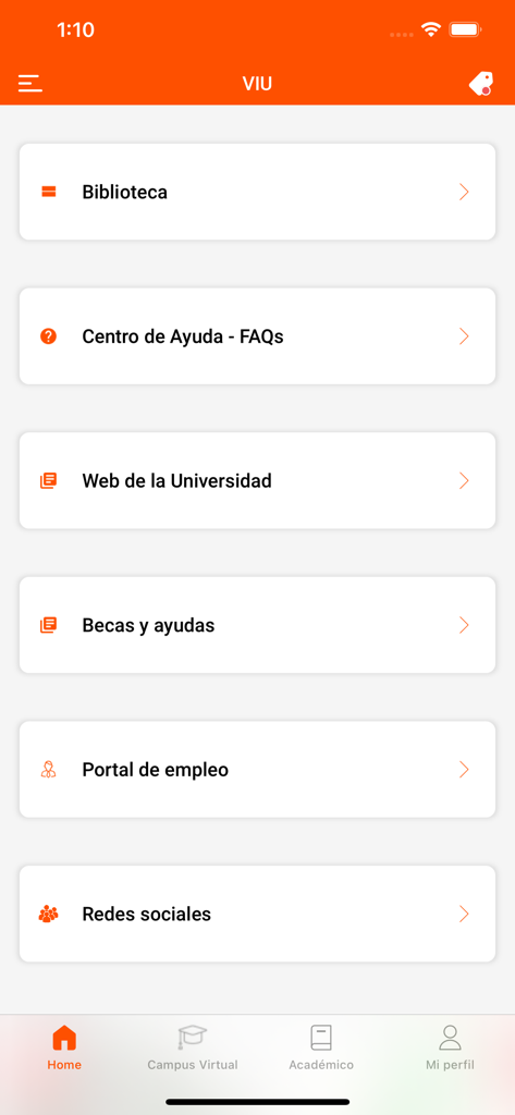 Pantalla de inicio de la aplicación móvil VIU que muestra opciones de menú para la biblioteca, el centro de ayuda y los servicios universitarios