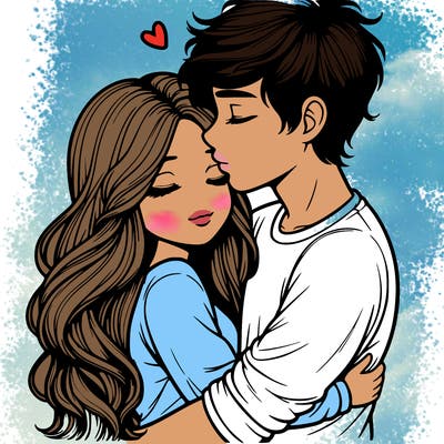 a realistic couple boy and girl hugging and kissing