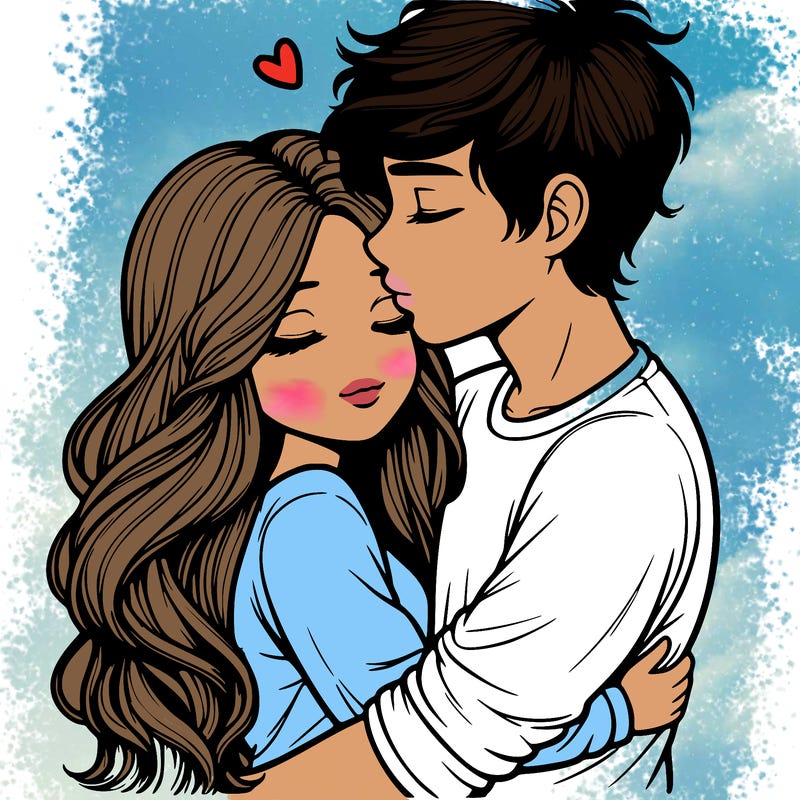 a realistic couple boy and girl hugging and kissing