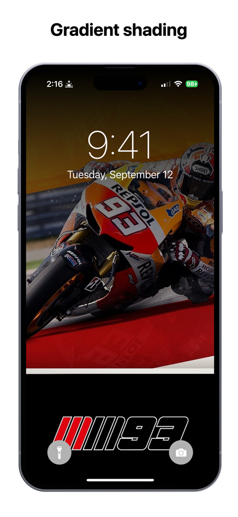 Moto GP Wallpapers 4K HQ Notch - iPhone lock screen featuring a MotoGP wallpaper of Marc Márquez with top gradient shading to camouflage the notch