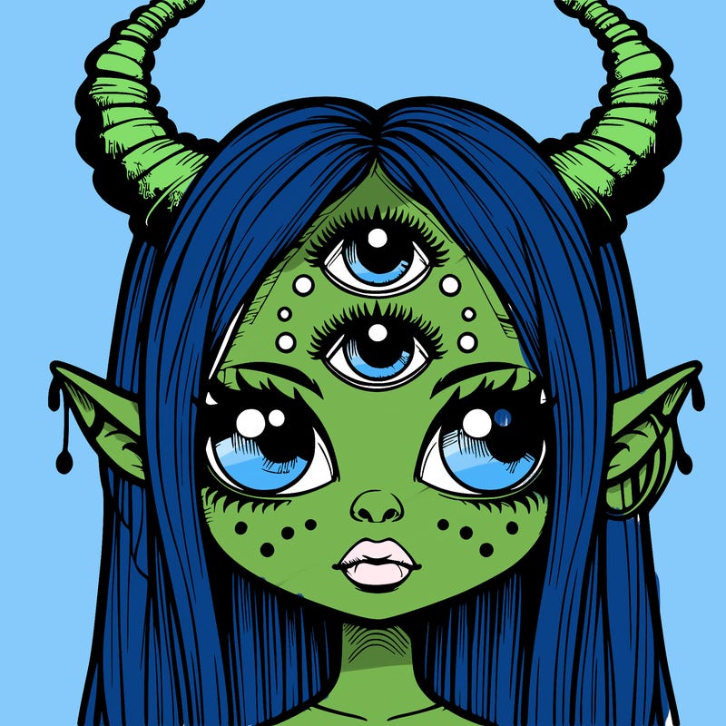 realistic monster girl with three eyes and antlers