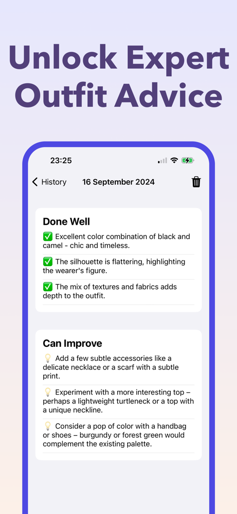 Smartphone display showing the Color Analysis AI app with sections for outfit critique and improvement tips