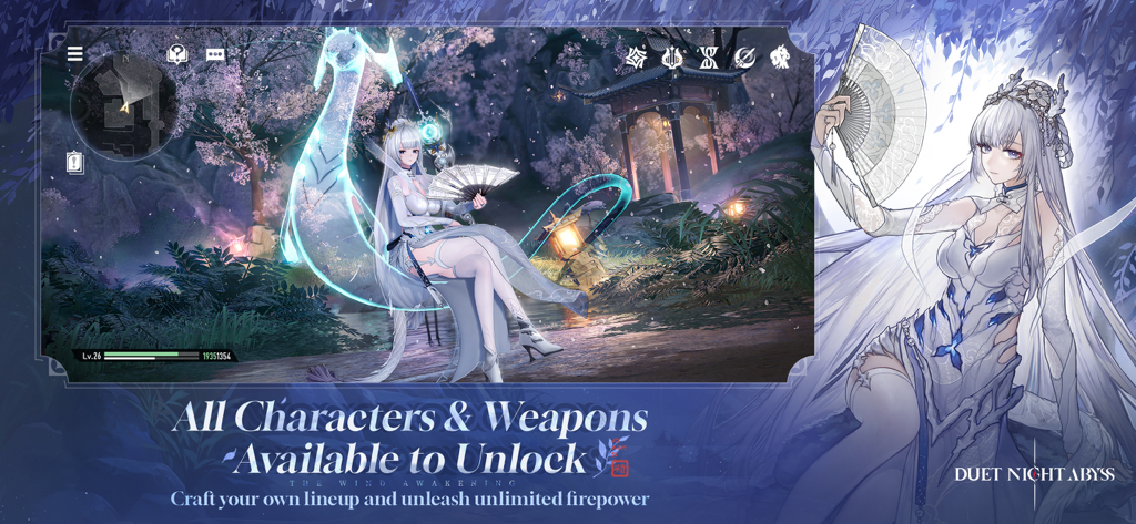 Duet Night Abyss - Personaje de anime de pelo plateado sosteniendo un abanico en un jardín de cerezos en flor de Duet Night Abyss