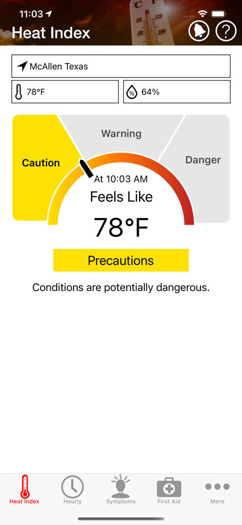 OSHA-NIOSH Heat Safety Tool - Screenshot of the OSHA-NIOSH Heat Safety Tool app showing a yellow caution risk level for the current heat index.