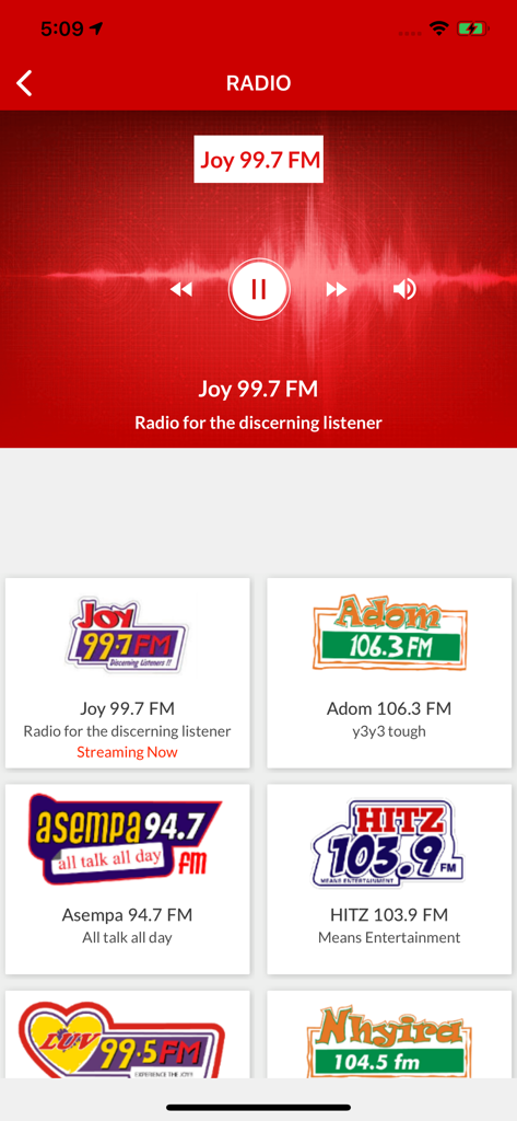 MyJoyOnline - MyJoyOnline app radio section featuring live streaming for Joy FM Adom FM and other Ghanaian radio stations