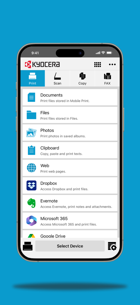 Kyocera Mobile Print app interface showing cloud storage integration and print options.
