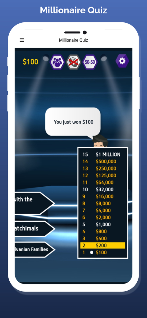 Millionaire Quiz: Tv Game 2023 - Captura de pantalla del juego Millonario Quiz que muestra la escala de dinero de 15 preguntas y un mensaje por ganar cien dólares