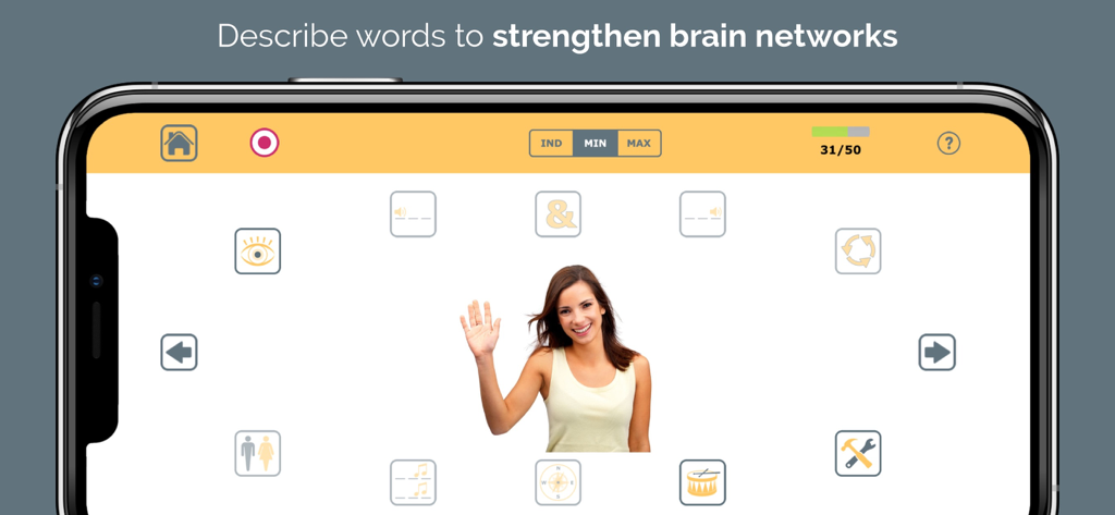 A screenshot of the Naming Therapy app showing the Describe exercise with a photo of a woman waving and interactive prompt icons for speech therapy.