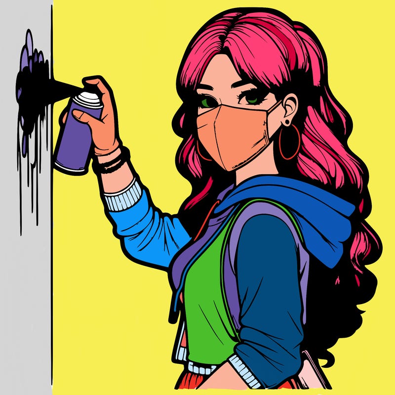 realistic girl with mask spray painting a wall