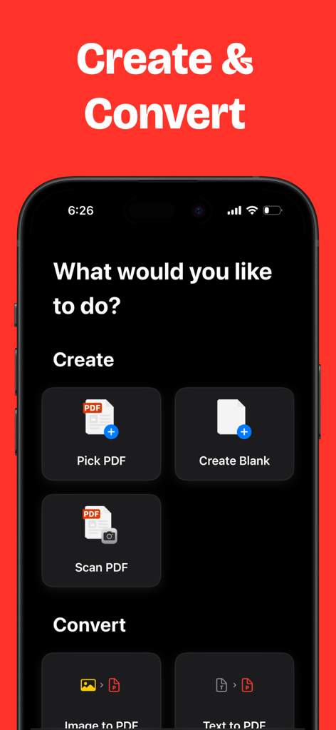 PDF Expert: Edit Sign PDFs - The Create and Convert interface of the PDF Expert app showing options to scan and convert files