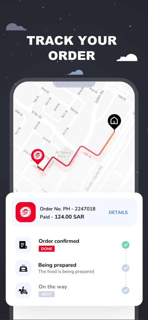 Pizza Hut KSA - Order Food Now - Real time delivery tracking screen on the Pizza Hut KSA mobile app showing order status and map