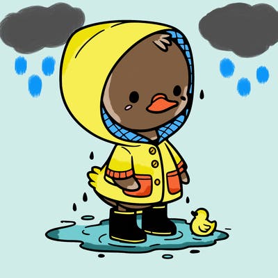 baby duck in a rain coat and boots, in a puddle while it’s raining