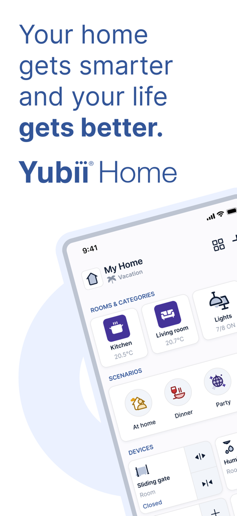 Yubii Home - Smartphone displaying the Yubii Home app dashboard with room, scenario, and device controls.