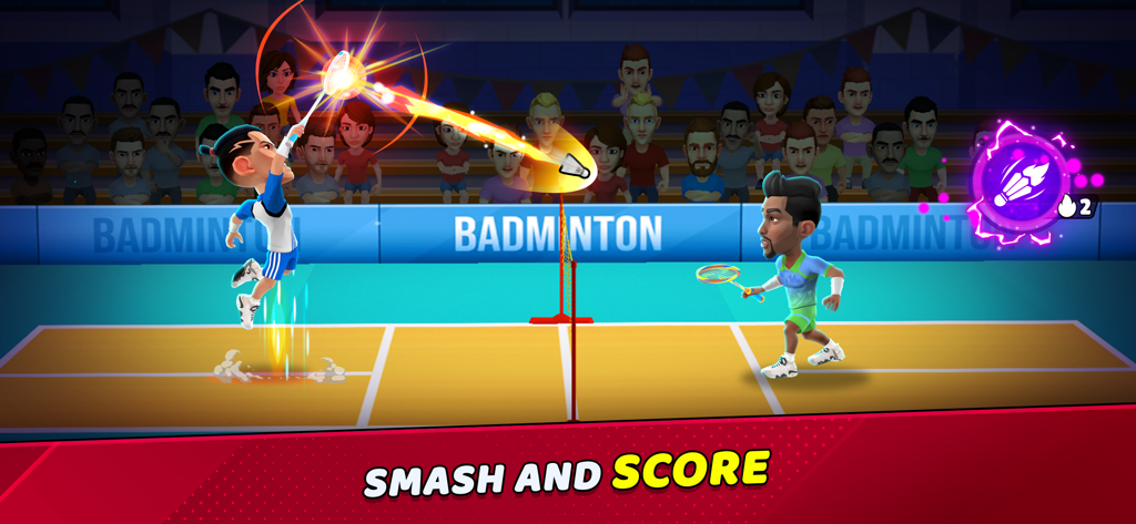 Badminton Clash 3D - A 1v1 badminton match in a 3D arena featuring a player performing a flaming super smash