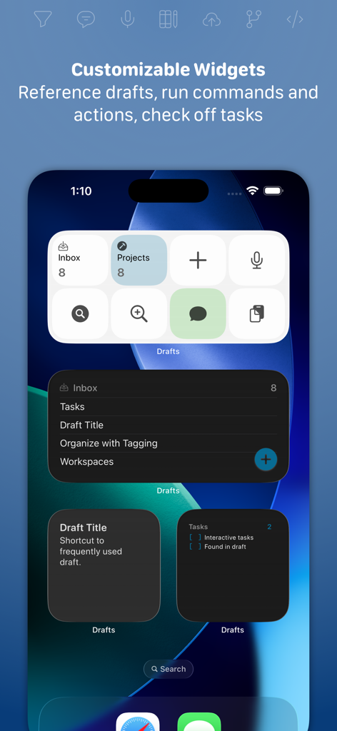 Drafts app customizable widgets on an iPhone home screen displaying quick capture and task management tools